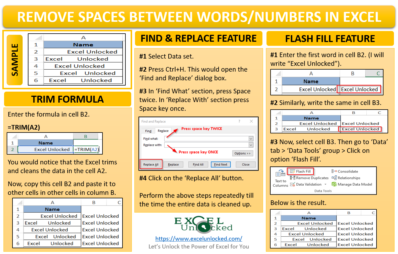 how to remove spaces between words in excel