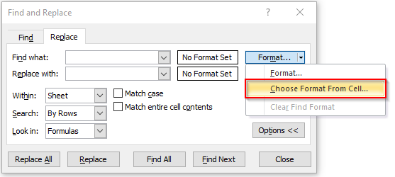 Find What - Choose Format for Cell