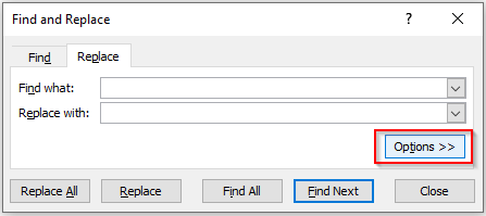 Find and Replace - Options Button