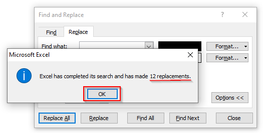 Replacement Done - Microsoft Excel Pop Up