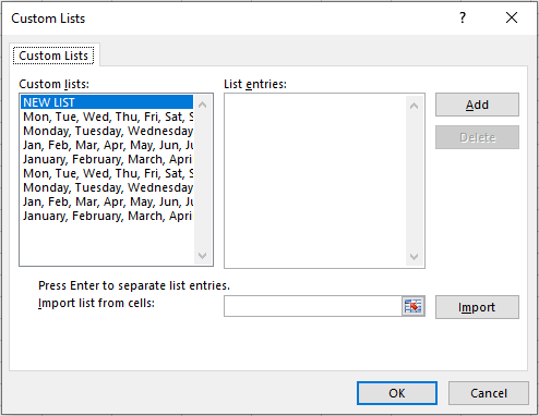Custom Lists Dialog Box