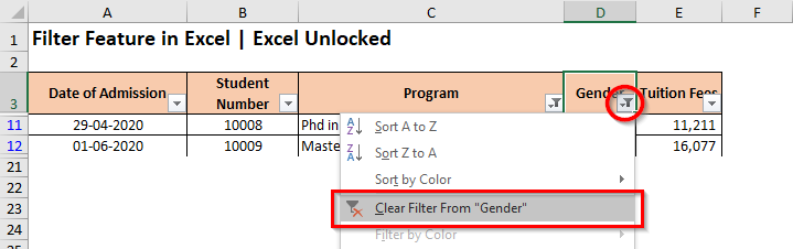 Clear Filter from Column Header