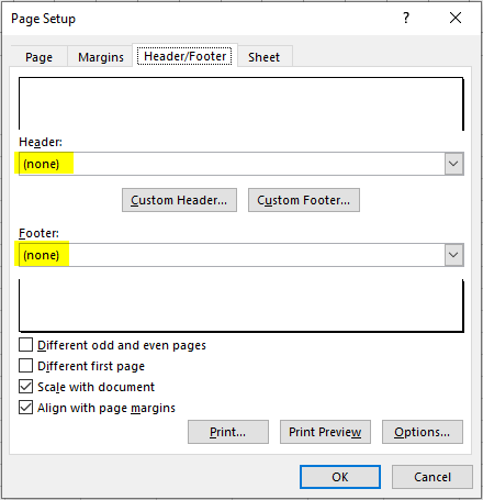 Setting up Headers and Footers to NONE