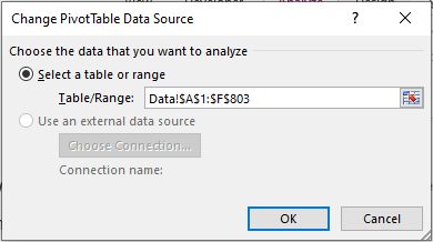 Change PivotTable Data Source Dialog Box
