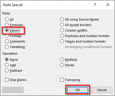 Paste Special Values Dialog Box