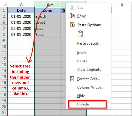 Unhide Rows or Columns in Excel