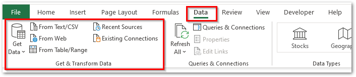 Navigation to Power Query Excel Feature