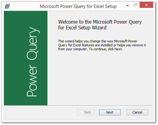 Power Query Setup Wizard Window