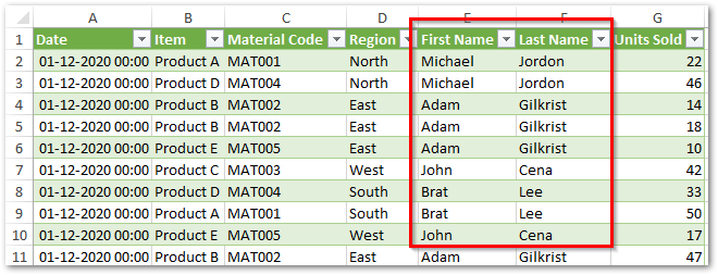 New Splited Column table Loaded to Excel