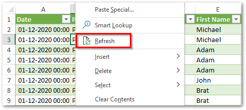 Right Click to Refresh Table in Excel