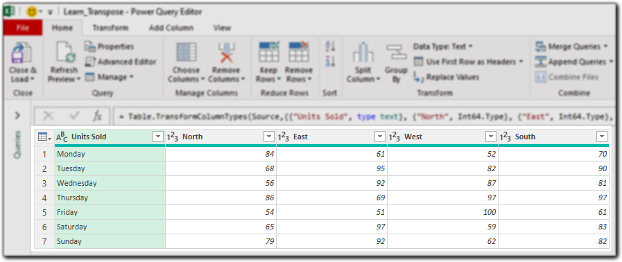 Excel Table in Power Query Editor Window