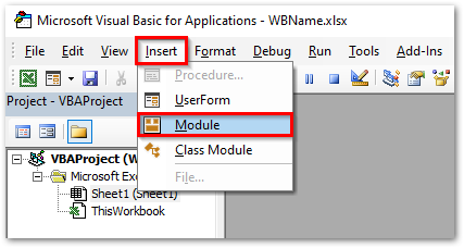 Insert Module in Excel VBA Editor Window