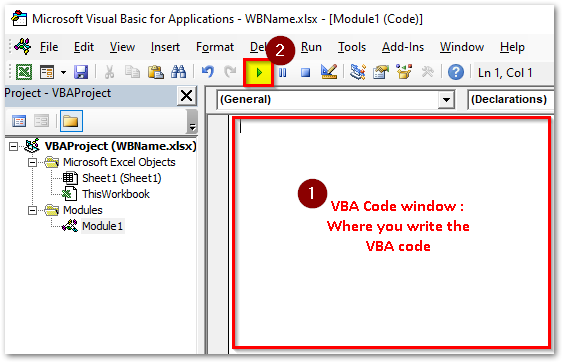 VBA Code Area and Run button in Excel