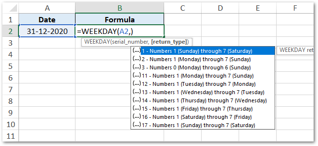 List of Return_Types of WEEKDAY Function