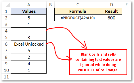 Text and Blank Cells Ignored in Excel PRODUCT Formula