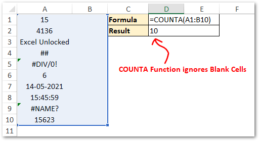 COUNTA Function ignores blank cells