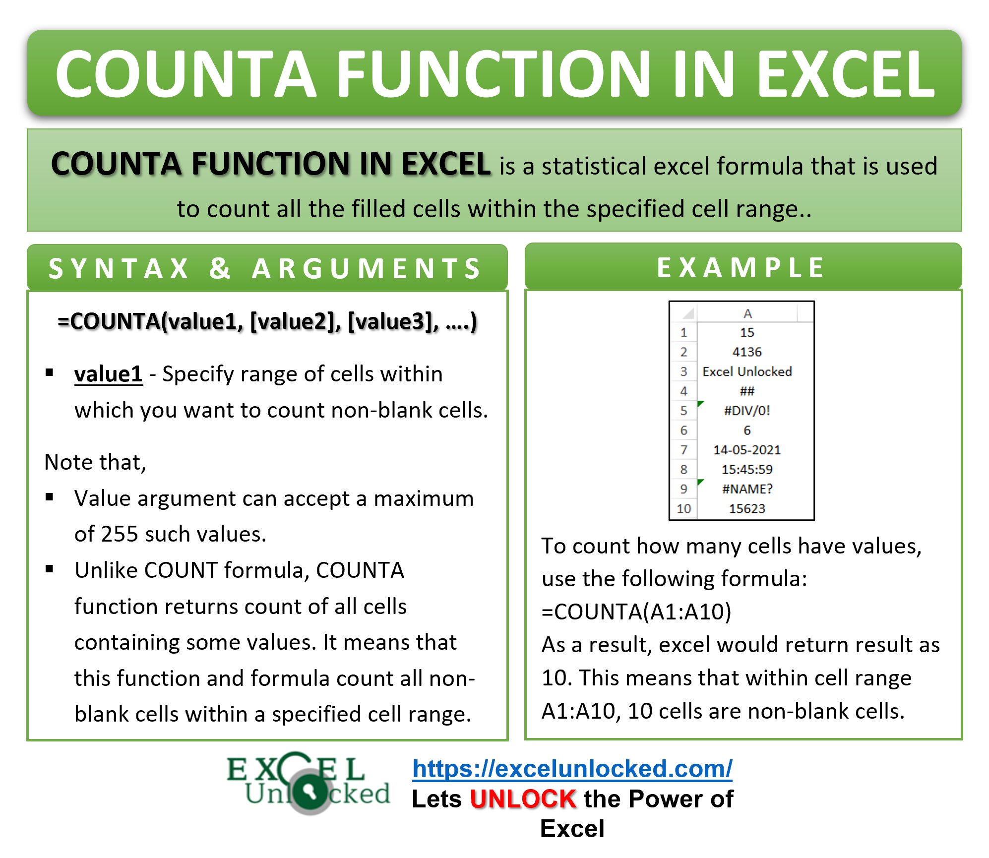 Excel COUNTA Function Count Cells Containing Values Excel Unlocked