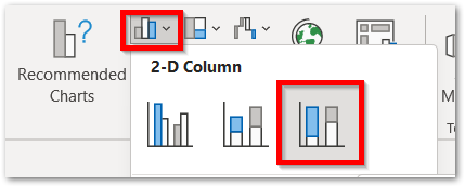 inserting 100% Stacked Column Chart in Excel step 1