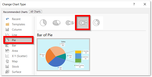 changing chart type to bar of pie chart in excel