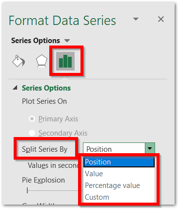 splitting the pie of pie chart in excel step 2