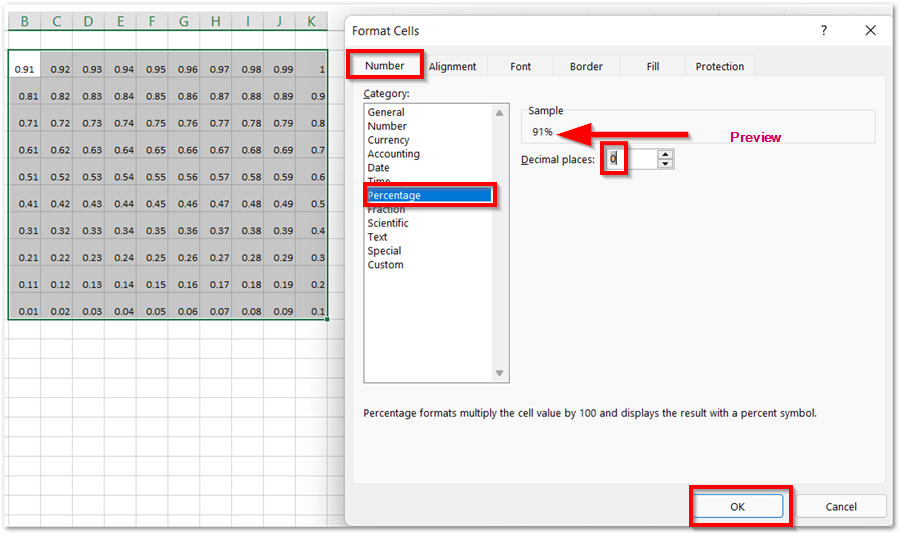 setting the number format to percentage in excel
