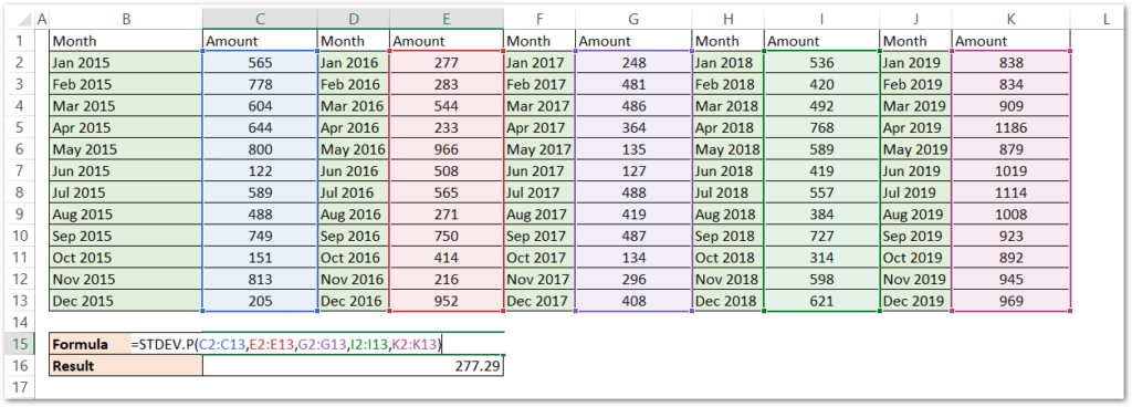 using the stdev.p function in excel