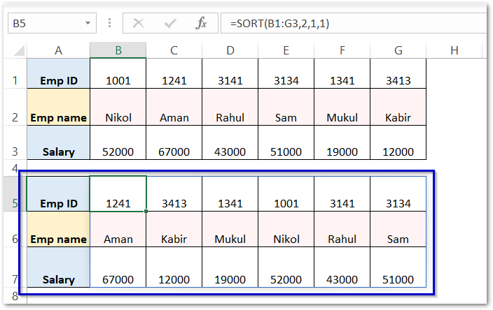 example 2 for using SORT Function in Excel result