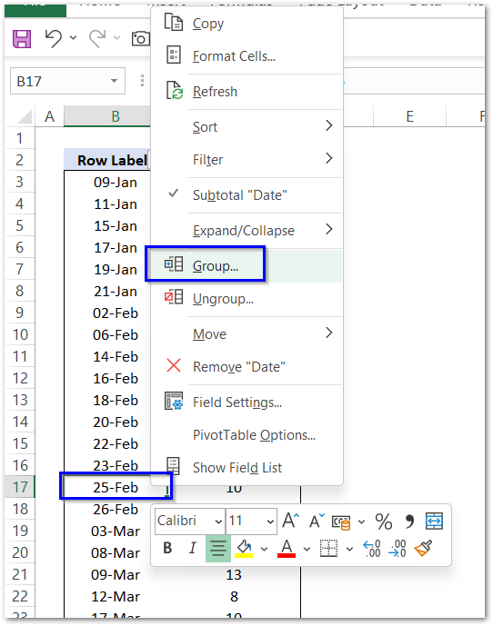 example for grouping the dates in pivot tables step 2
