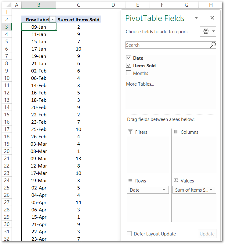 example for grouping the dates in pivot tables