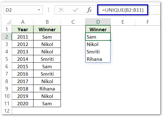 example for unique function in excel result