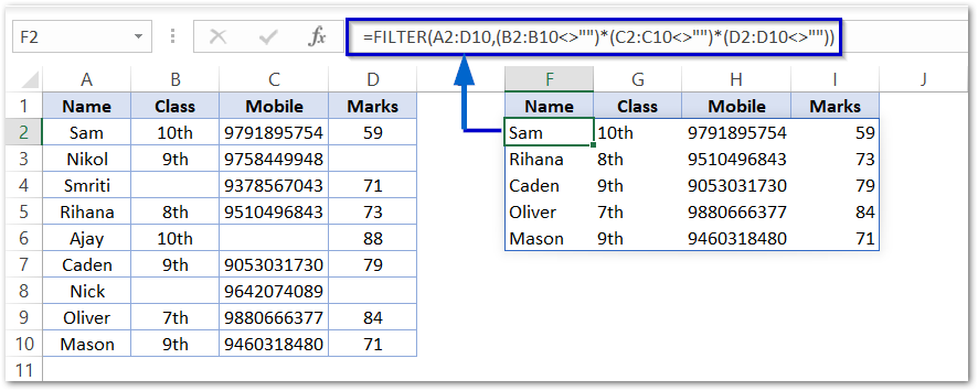 filter non empty cells by using the filter function in excel formula