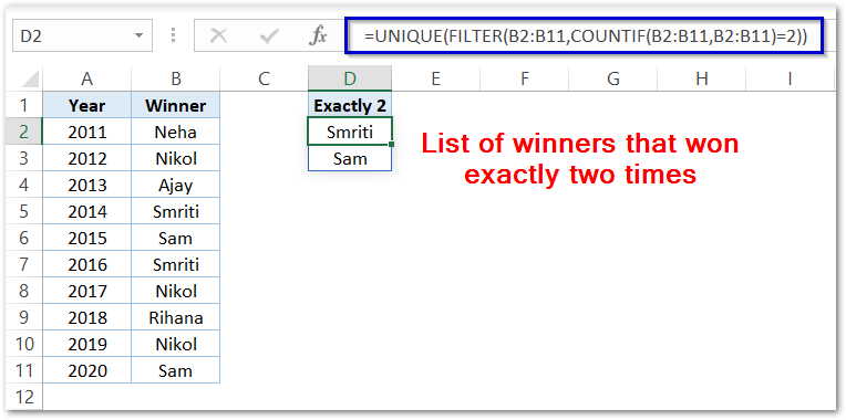 finding the values that occur N times using UNIQUQ, FILTER and COUNTIF Function step 2