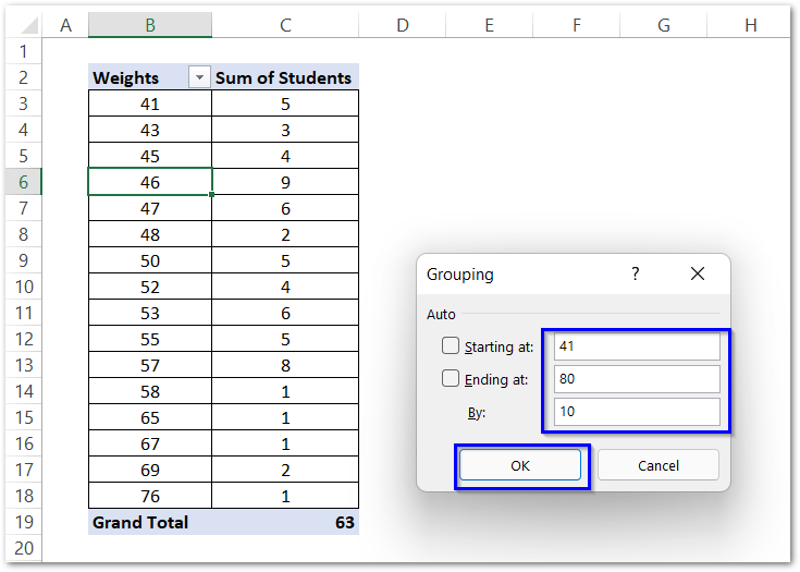 grouping the numbers into ranges in pivot tables in excel step 2
