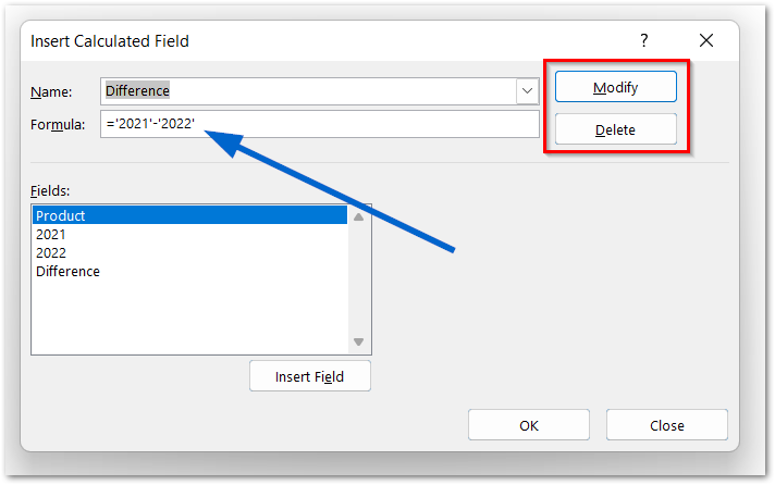 modifying a calculated field in pivot table in excel step 2