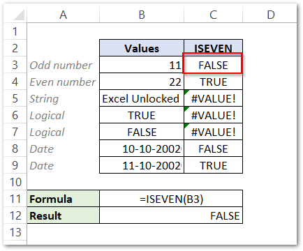 example to learn ISEVEN Function in excel raw data