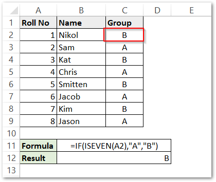 splitting students into two groups by using the ISEVEN function in excel result