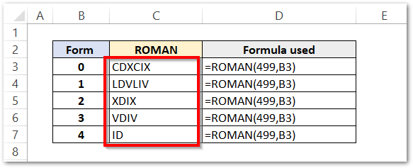 different forms in ROMAN function result