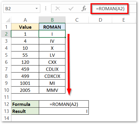 simplest example roman function in excel result