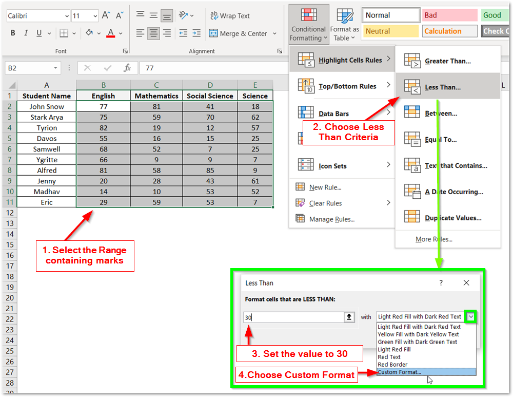 conditional formatting highlighting cells using less than criteria result