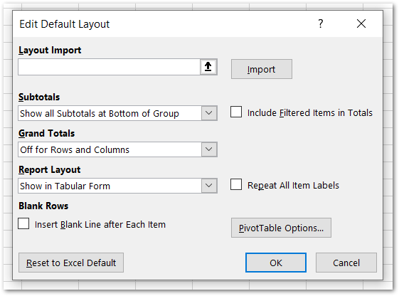 how to change default pivot table settings in excel