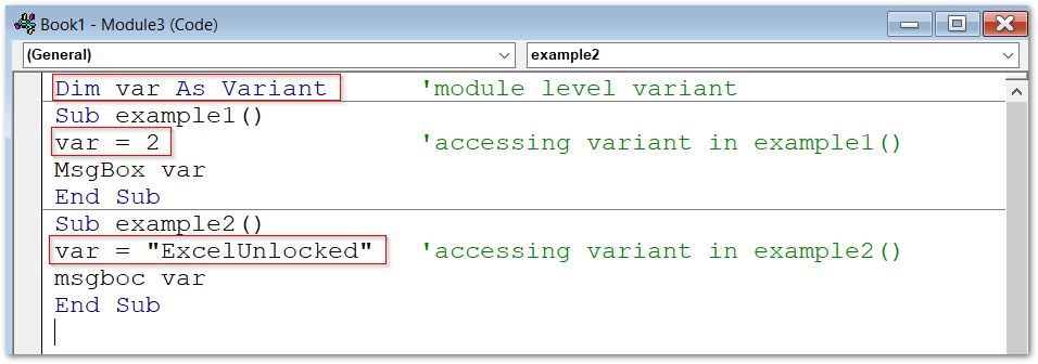 module level variant in vba